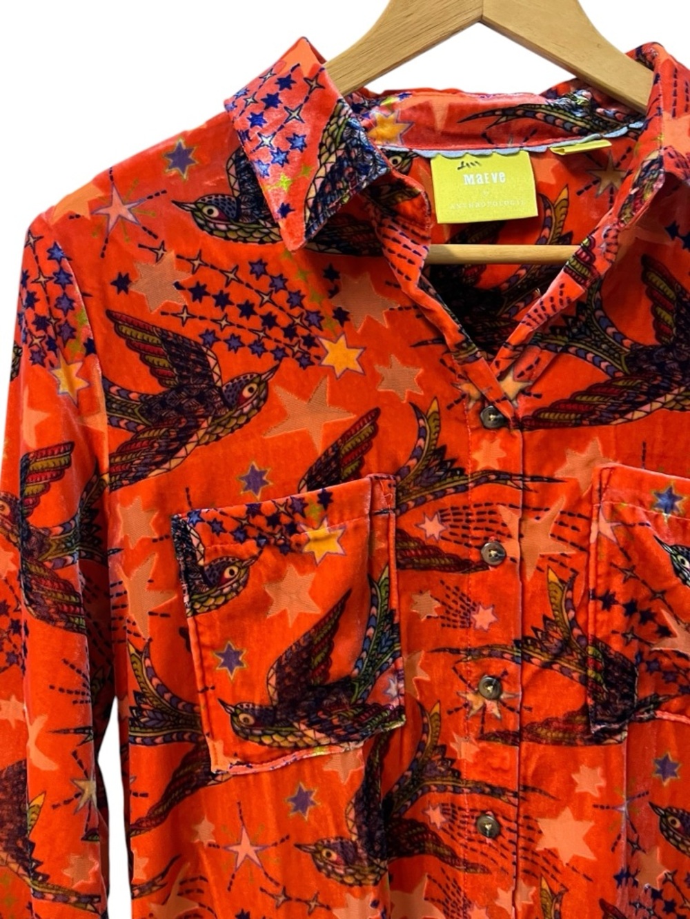 ANTHROPOLOGIE x MAEVE Birds + Boho Velveteen Shirt Orange Button Up 4 Festival - Picture 5 of 8
